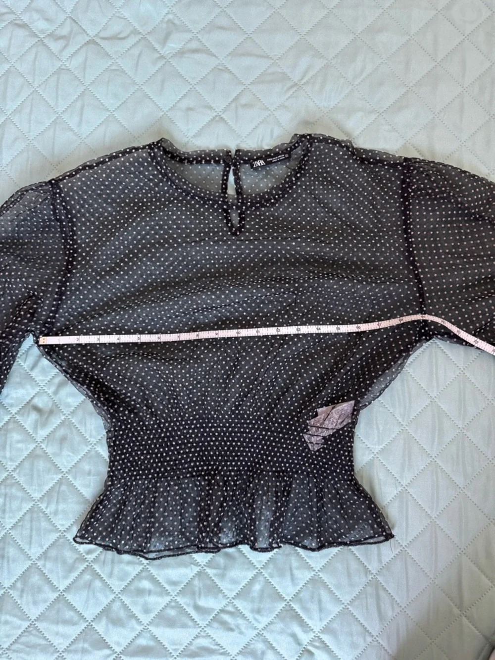 Zara Sheer Polka Dot Mesh Blouse Black Sheer Top Smocked Waist Size S